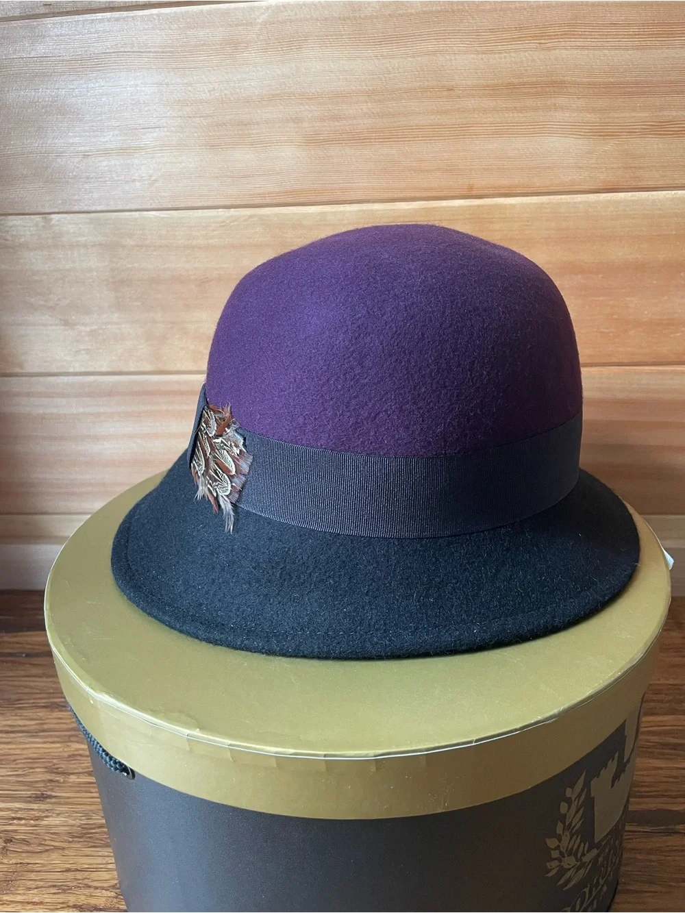 Swan Hat New York Wool Purple and Black Felt Cloche Hat with Feather Trim